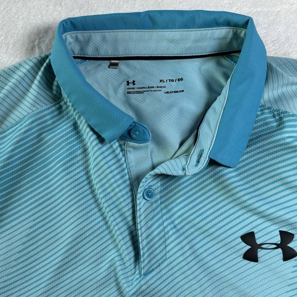 Under Armour Heatgear Short Sleeve Golf Polo Shirt Blue Striped Size XL Loose - Picture 6 of 11